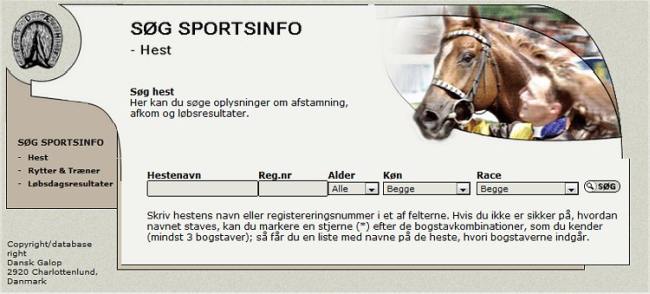Database for sportsinformation om hest, rytter, jockey og træner, udgivet af
 Dansk Galop