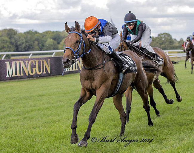 Anassa (SWE) med jockey Marcos Robaldo på vej ind over målstregen som den første I 2-Års Maidenserien. Foto Burt Seeger
