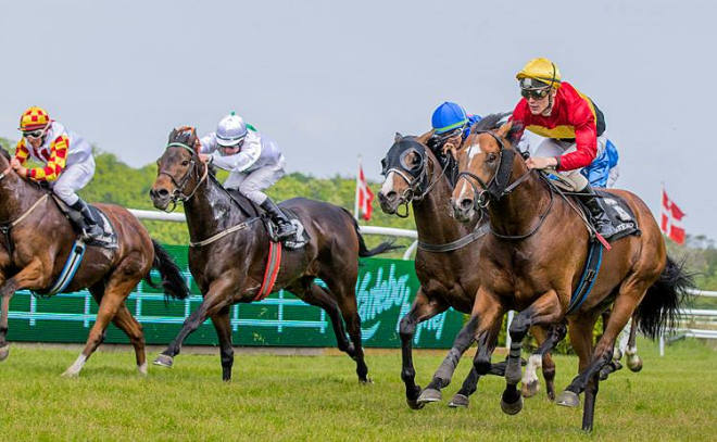 Liber (GB), yderst til højre,  med  jockey Oliver Wilson i  Klampenborg Store Sprint vinder  foran  Master Chef (IRE) med Luis Santos.  En dobbeltsejr til stalden. Foto: Burt Seeger