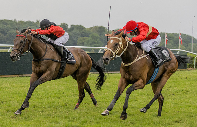 Stolga’s Daughter (t.h.) med jockey Marcos Robaldo. Foto Burt Seeger
