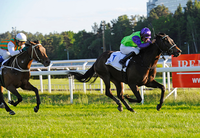 Miss Phone Girl med jockey Marcos Robaldo vinder en sikker sejr i IKC Flexible på Täby Galoppbane 9. juni 2015. Hestens tredje sejr på stribe i 2015. Foto: Stefan Olssen, svensk galopp