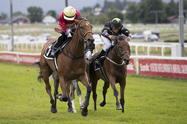 hoku (ire) med jockey Manuel Santos
sejrer i Lanwades Stud Stakes (L), Øvrevoll 4. aug. 2016. Foto Øvrevoll Galoppbane