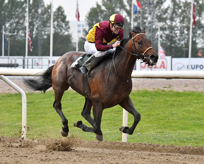 Brownie (FR) vinder en af de mest eftertragtede 
	sejre - Pramms Memorial (L) på Jägersro tirsdag den 23. maj 2017, redet af jockey Oliver Wilson. Foto Stefan Olsson