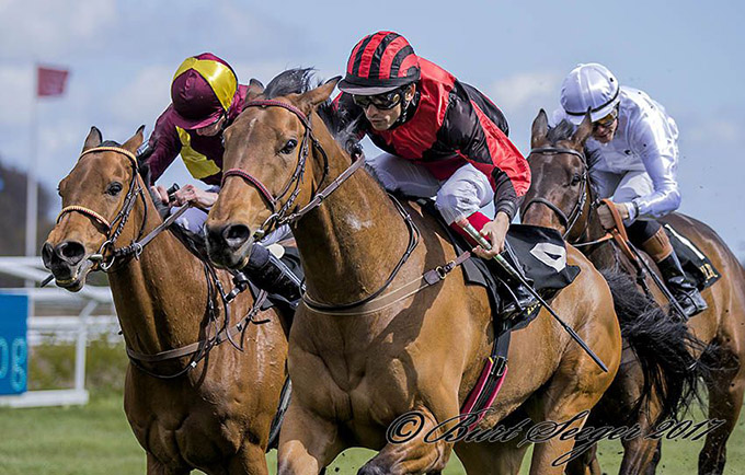Call Of Duty med jockey Elione Chaves ses her besejre Jubilance (IRE)og Captain Morgan i Åbningsløbet 2016 på Klampenborg Galopbane. Foto Burt Seeger