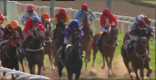 Miss Riverdance (IRE) med jockey Elione Chaves vinder Norsk Derby Mile, 2018. Foto Screendump, Rikstoto