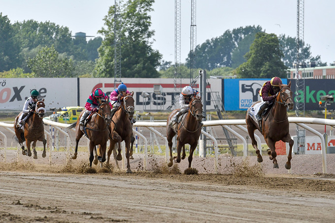 Red Cactus og jockey Eduardo Pedroza ind på opløbet på Jägersro i klar føring i Svenskt Derby 2019. Foto Stefan Olsson, Svenskt Galopp
