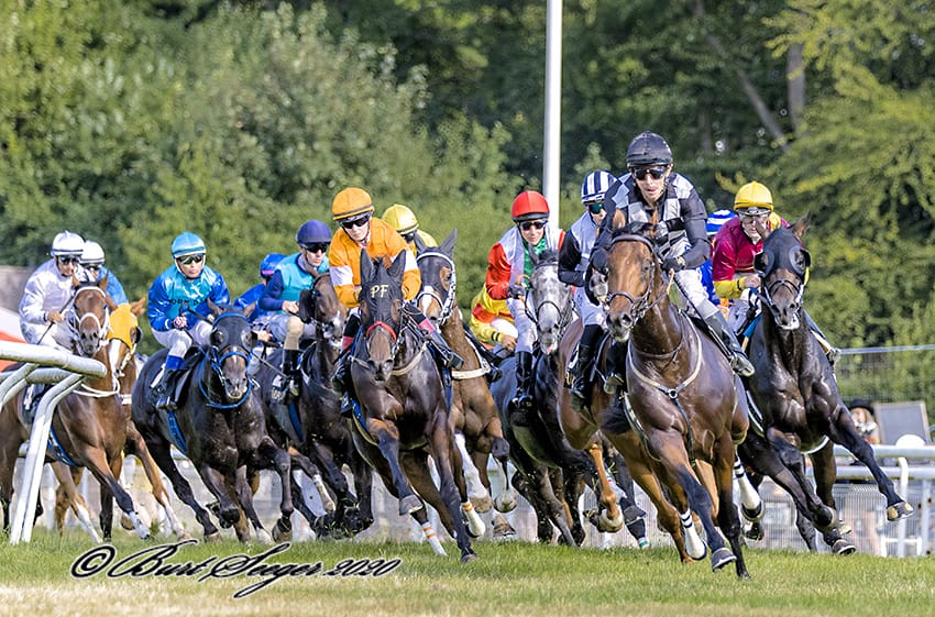 Derbyfeltet 2020 med 15 deltagere, knipset af fotograf Burt Seegers linse ved Tribunesvinget. 
Vinderen af Dansk Derby 2020 Ready Teddy (IRE), redet af Shane Karlsson og trænet af Jessica Long førte fra start til mål. Foto Burt Seeger