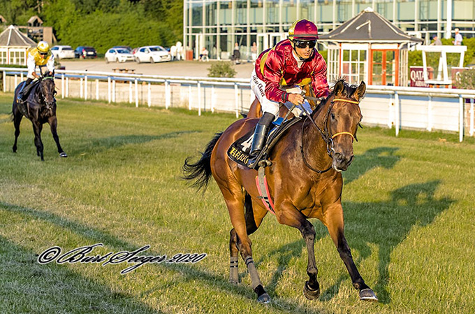 Nascetta (IRE) med jockey Elione Chaves på vej mod sejr med tre længder i et 3-års løb
Klampenborg 26. juni 2020. Foto Burt Seeger