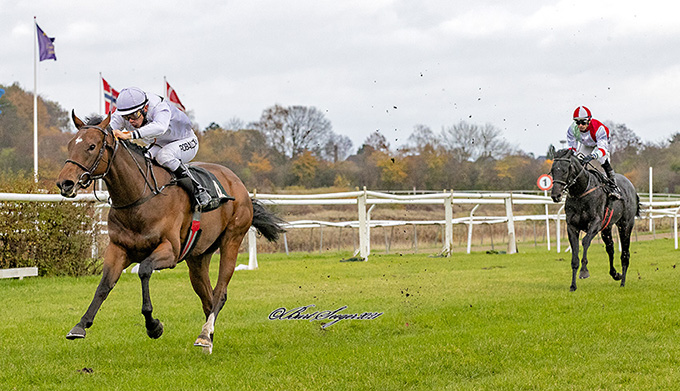 2-årige Mygirlcharlie, ejer af Ingelise & Tony Saunders, på vej mod maidensejr, redet af jockey Marcos Robaldo. Foto Burt Seeger