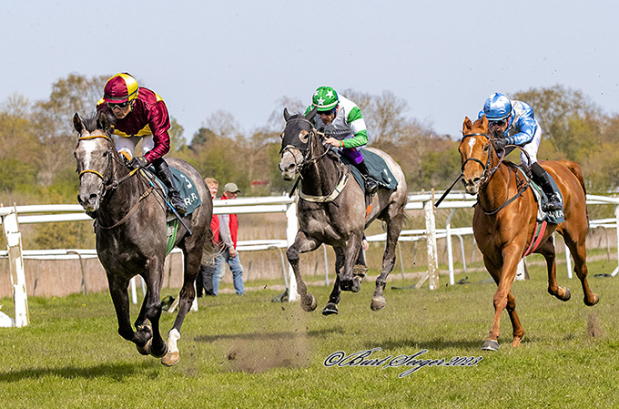 Harlekin (FR), ejet af Lone Kaj-Nielsen, imponerede i et maidenløb
	over 2200 meter, redet af jockey Carlos Lopez. Førte fra start til mål. Foto Burt Seeger