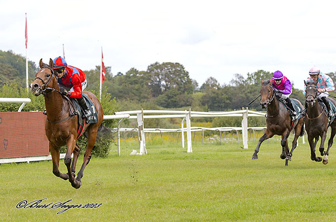 2-årige King Of Ten (IRE) på vej mod maidensejr, redet af Elione Chaves, 3. sep., 2022. Yderst til højre Nitouche (DEN) med en andenplads.
		Foto Burt Seeger