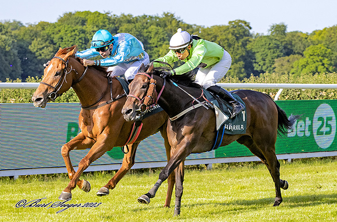 Lazy Susan (SWE), ejet af L.T. Racing, aflægger sin maidentitel med
	jockey Elione Chaves, 9. juni 2023. Foto Burt Seeger
