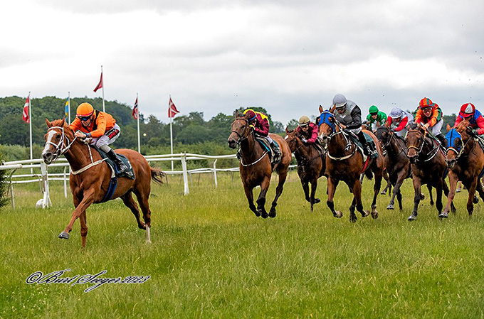 5-årige Miss Twenty (DEN) på vej mod sin anden sejr i 2023, redet af jockey Nicolaj Stott,
	Klampenborg 1. juli 2023. Foto Burt Seeger