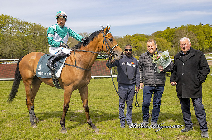 Frank Hansen fra SVD A/S tager imod Nuevo Estrella (IRE) og jockey Carlos Lopez efter en flot opvisning på
	Klampenborg Galopbane i Guineas Trial, lørdag den 6. maj 2023. Foto Burg Seeger