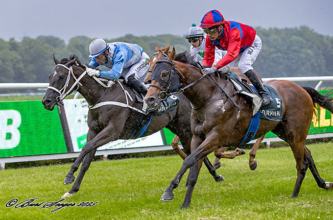 King Of Ten (IRE) med jockey Carlos Lopez på vej mod sejr, 11. juli 2025 på Klampenborg. Foto Burt Seeger