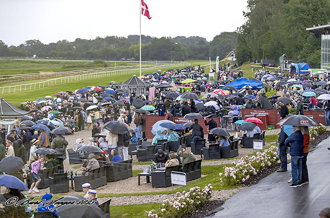 Fotograf Burt Seegers linse har her indfanget et stemningsbillede fra en regnvåd aften 11/7 på 	Klampenborg Galopbane. Foto: Burt Seeger